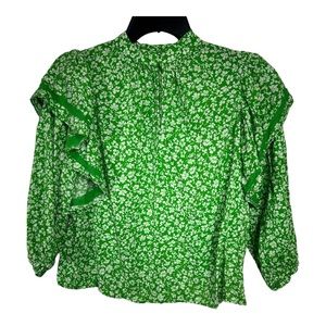 Who What Where cottagecore high neck ruffle poet sleeve top green Small G114